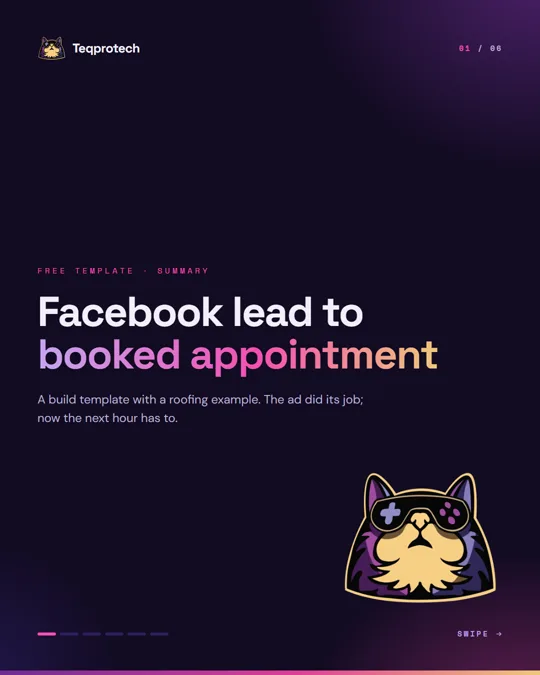 Cover page of the Facebook lead to booked appointment template summary, with the Teqprotech cat mascot.