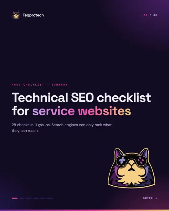 Cover page of the technical SEO checklist summary for service websites: 28 checks in 11 groups, with the Teqprotech cat mascot.